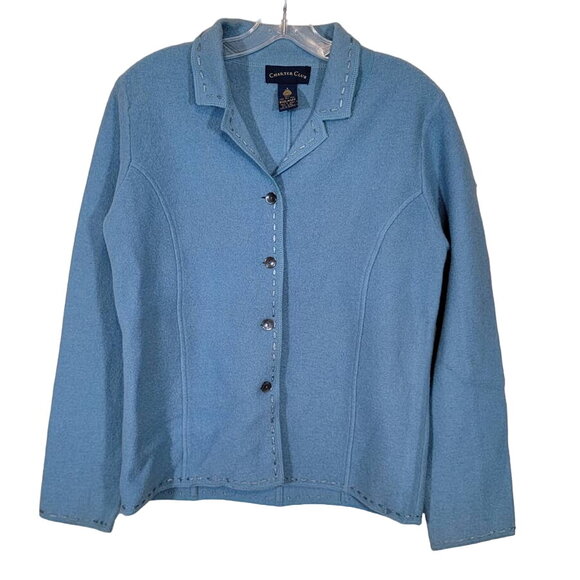 VTG Charter Club Women 100% New Wool Button-Up Exposed Stitch Jacket Blue Small - Picture 1 of 7